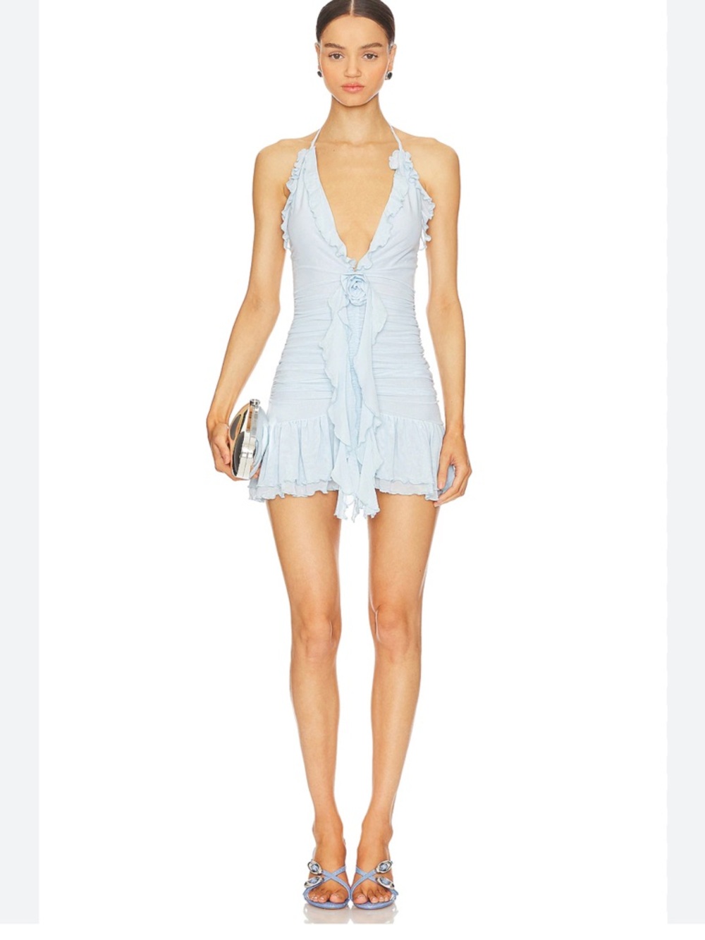 REVOLVE More To Come Lia mini dress. Light Blue Ruffle Halter Mini Dress